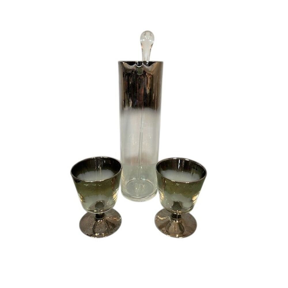 Martini Glassware Set Clear Black Stir Rod Pitcher 2 Glasses VTG Collectible